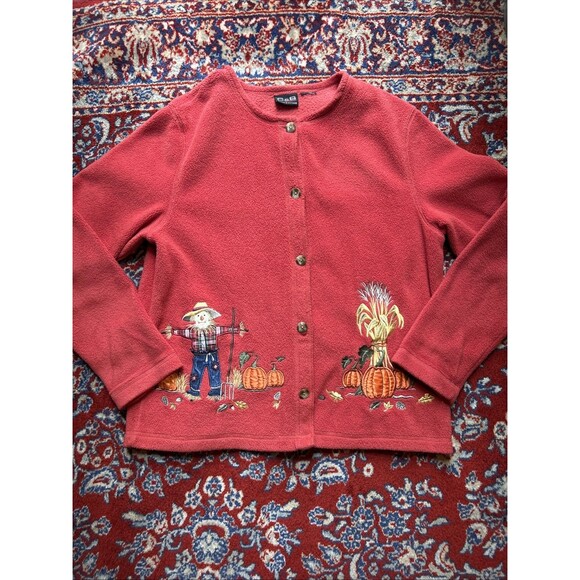Croft and Barrow Sports Womens Sweater Medium Orange Cardigan Scarecrow Pumpkin - Picture 1 of 8